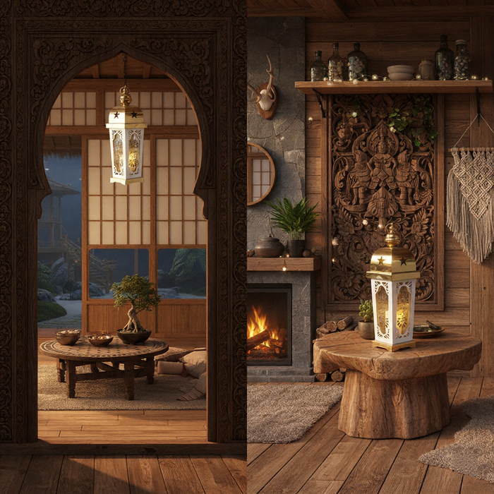فانوس رمضان مودرن - أبيض وذهبي بتفاصيل زجاجية ونقوش