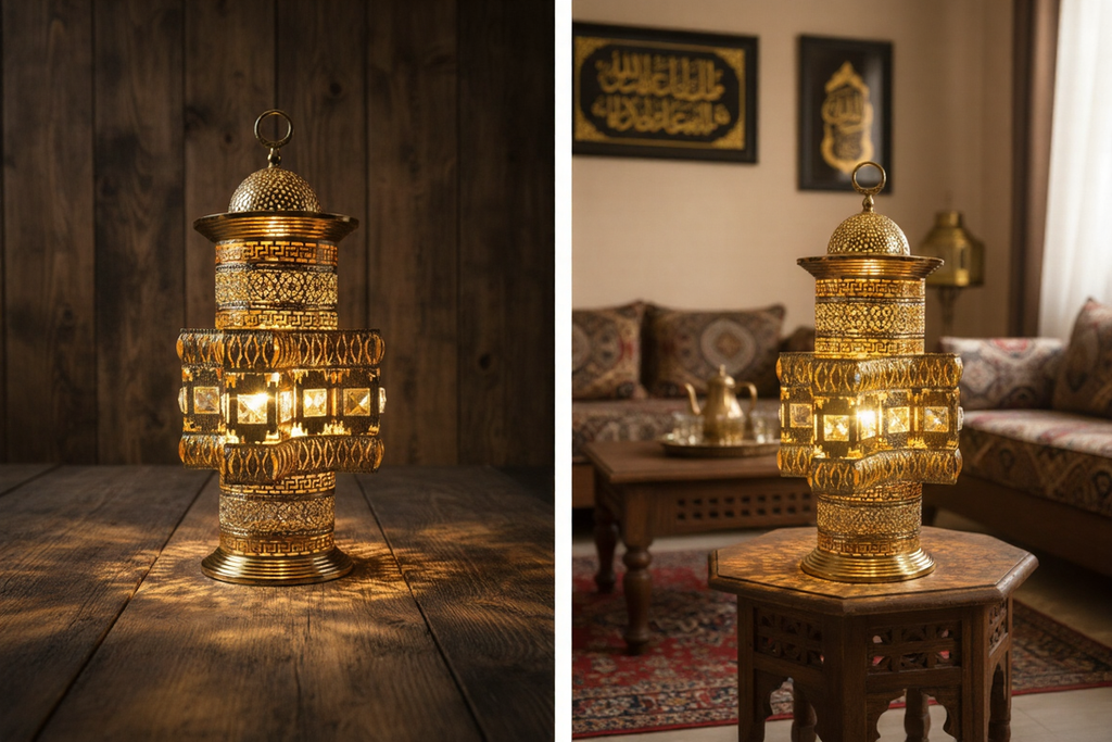 فانوس رمضان ذهبي بتصميم ملكي مزخرف بالكريستال