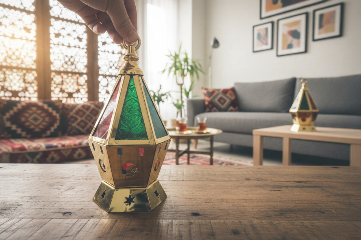 فانوس رمضان معدني كلاسيكي - مزيج الزجاج الملون واللون الذهبي