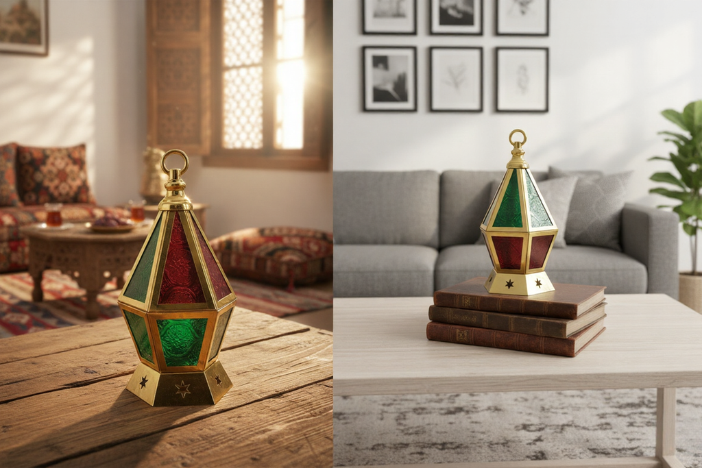 فانوس رمضان معدني كلاسيكي - مزيج الزجاج الملون واللون الذهبي